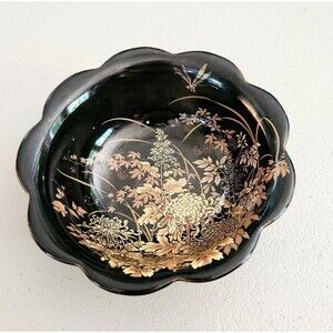 Vintage Shibata Floral Dragonfly Porcelain Bowl Scalloped Edge Black Gold Japan